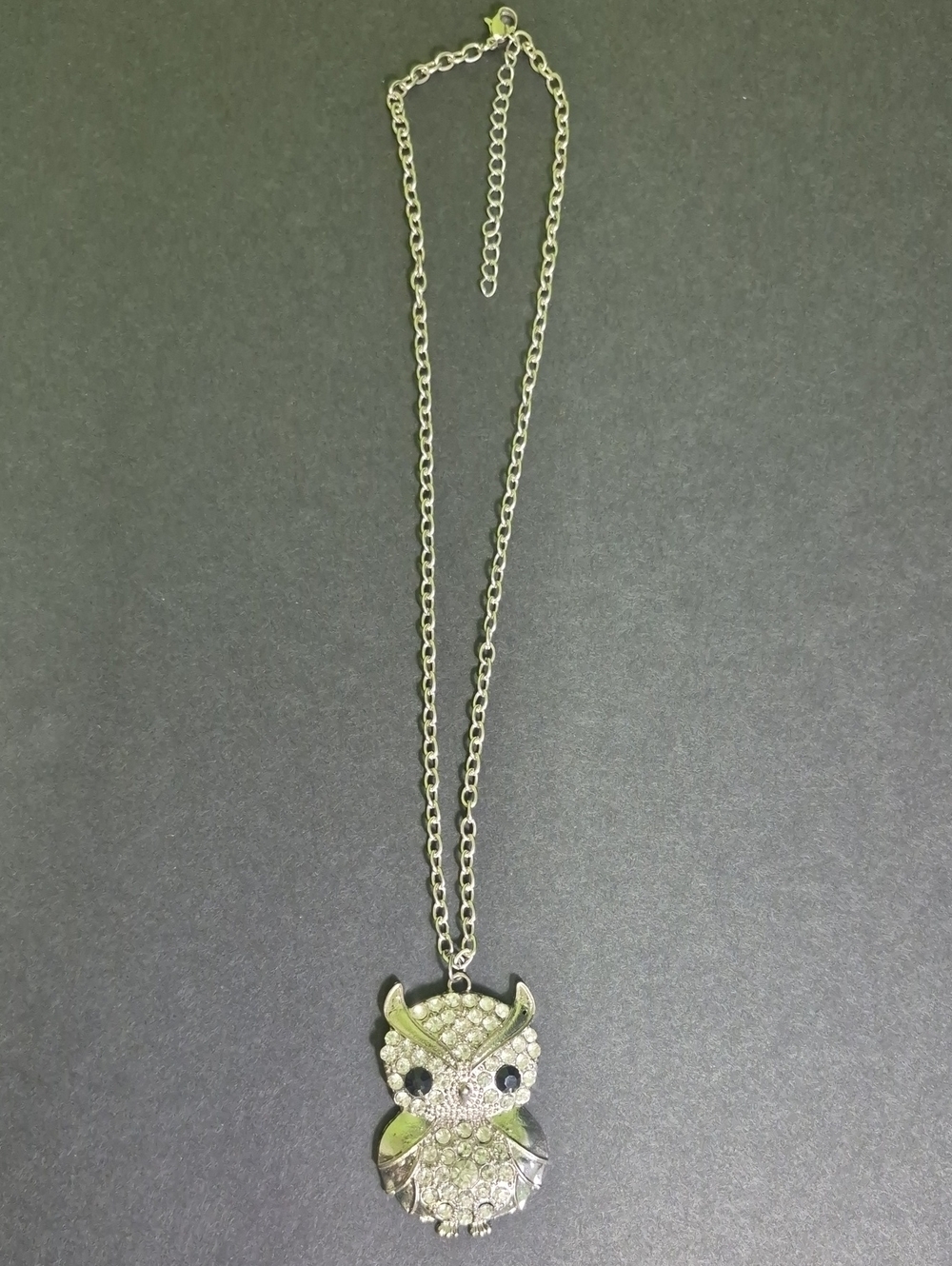 Owl Pendant 19" In. Necklace in Silver Tone with Rhinestones - Picture 1 of 4